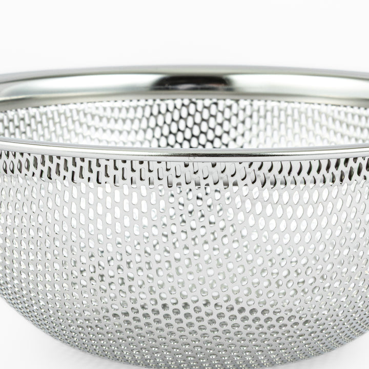 Japanese stainless steel mixing bowl and mesh strainer set, featuring an extra small colander for kitchen prep