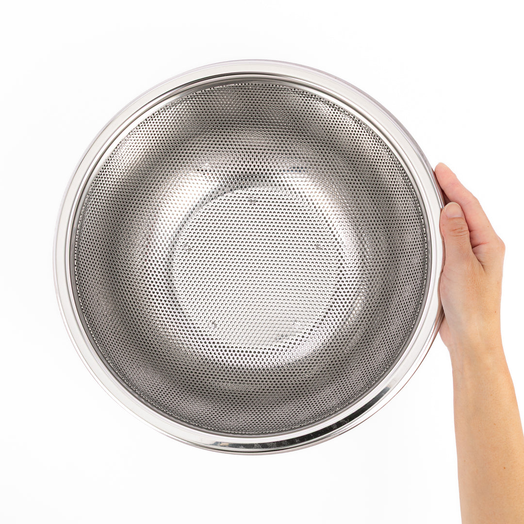 Japanese stainless steel mixing bowl and mesh strainer set, featuring an extra large colander for kitchen prep
