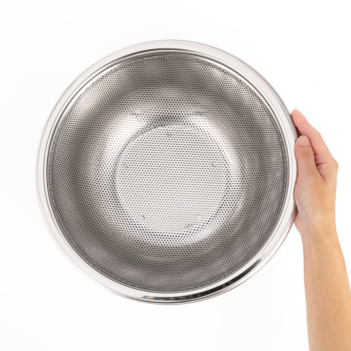 Japanese stainless steel mixing bowl and mesh strainer set, featuring an extra large colander for kitchen prep