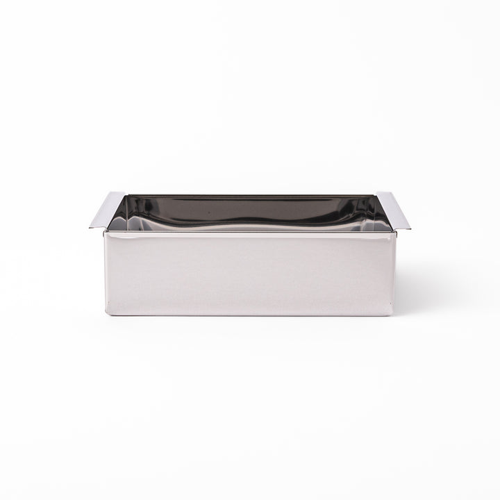 Japanese stainless steel Nagashikan jelly mold set together with removable inner tray on white background