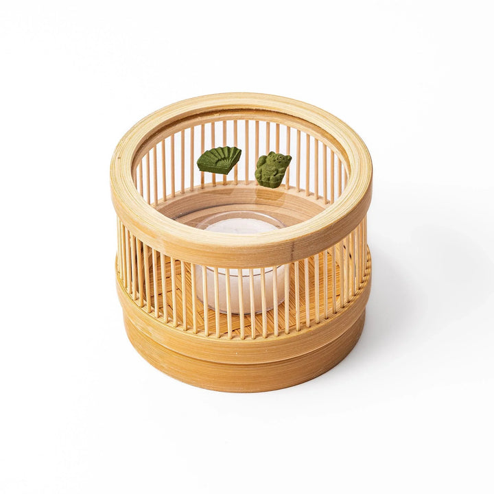 Japanese bamboo incense warmer set with glass holder and matcha scented incense pieces for relaxing aroma and home decor