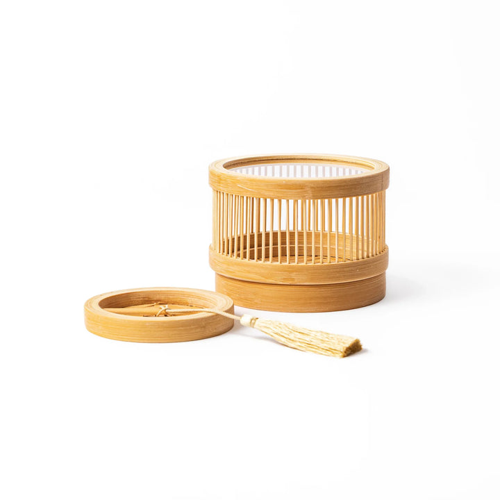 Japanese bamboo incense warmer set with glass holder and matcha scented incense pieces for relaxing aroma and home decor