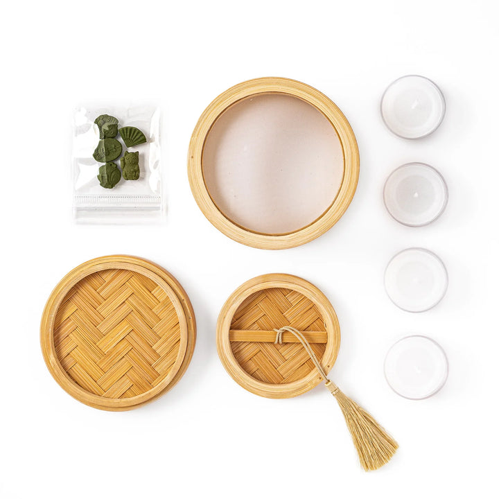 Japanese bamboo incense warmer set with glass holder and matcha scented incense pieces for relaxing aroma and home decor