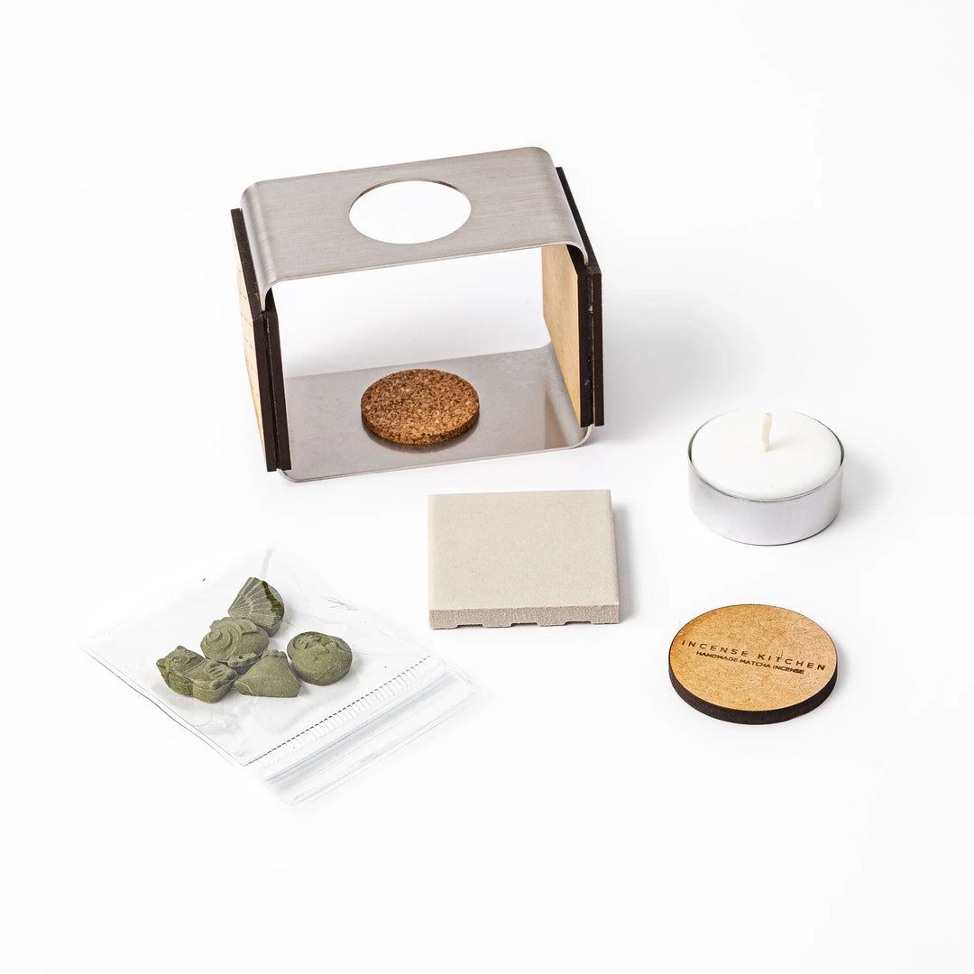 Matcha incense starter set with ceramic warmer and tea light candle, green Japanese incense shaped like traditional sweets