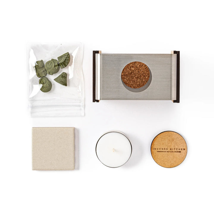 Matcha incense starter set with ceramic warmer and tea light candle, green Japanese incense shaped like traditional sweets