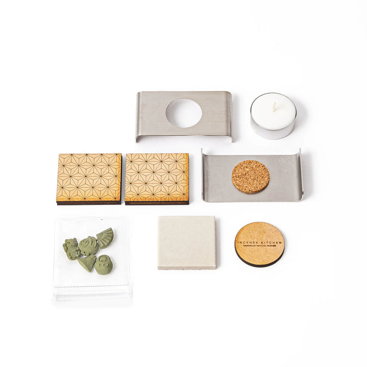 Matcha incense starter set with ceramic warmer and tea light candle, green Japanese incense shaped like traditional sweets