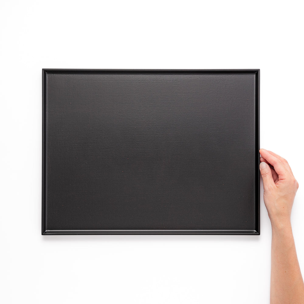 Modern Japanese Lacquer Serving Tray in sleek black with a textured horizontal grain pattern and subtle side grooves for easy handling.