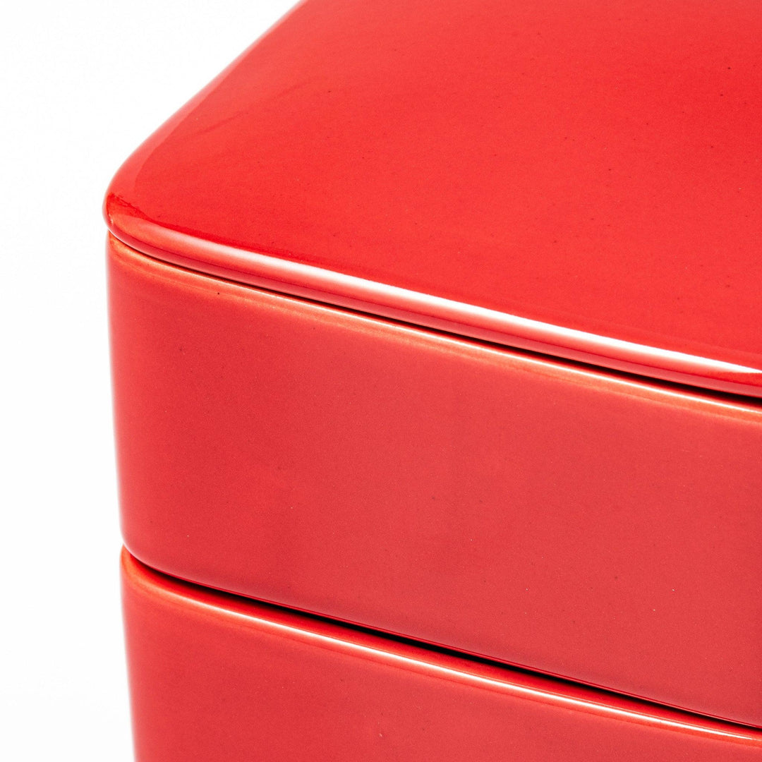 Vibrant red Japanese porcelain bento box set, two-tiered square design for stylish, modern dining and versatile meal presentation.