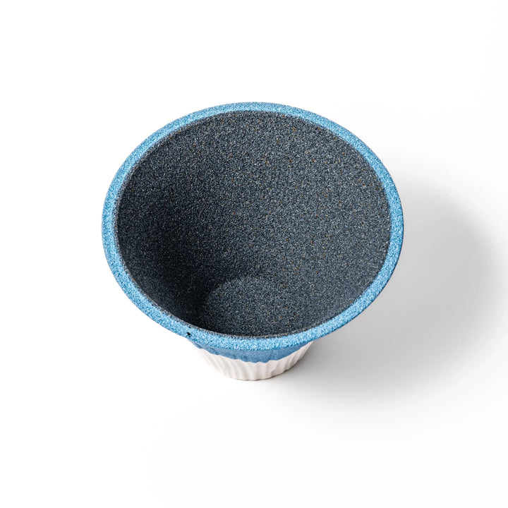Sky blue Mount Fuji ceramic coffee filter with snowy peak, handcrafted in Japan for reusable pour-over brewing and unique kitchen decor.