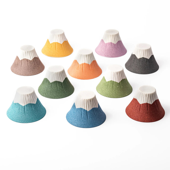 Colorful Mount Fuji ceramic coffee filters in ten hues, handcrafted Japanese pour-over drippers with textured finish.