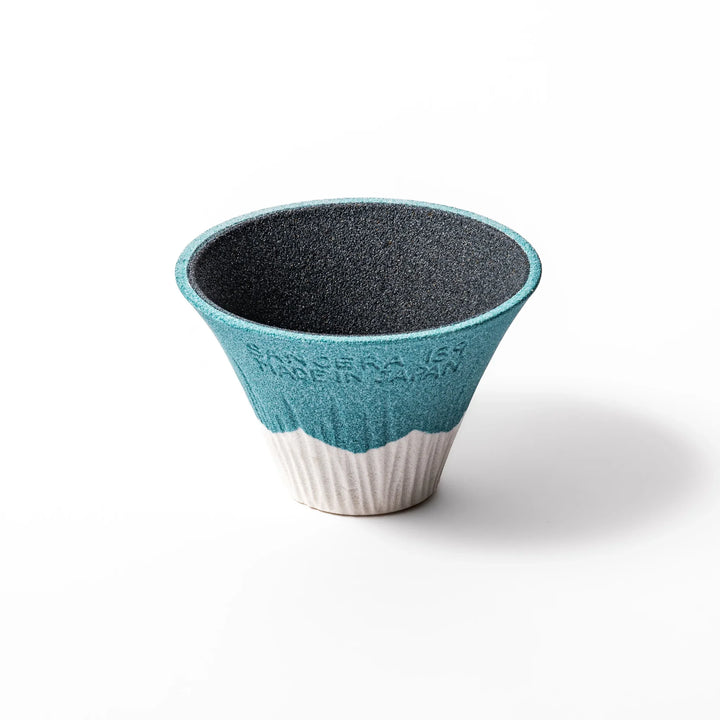Turquoise Mount Fuji ceramic coffee filter with snowy peak design, handcrafted in Japan for reusable pour-over brewing and unique kitchen decor.
