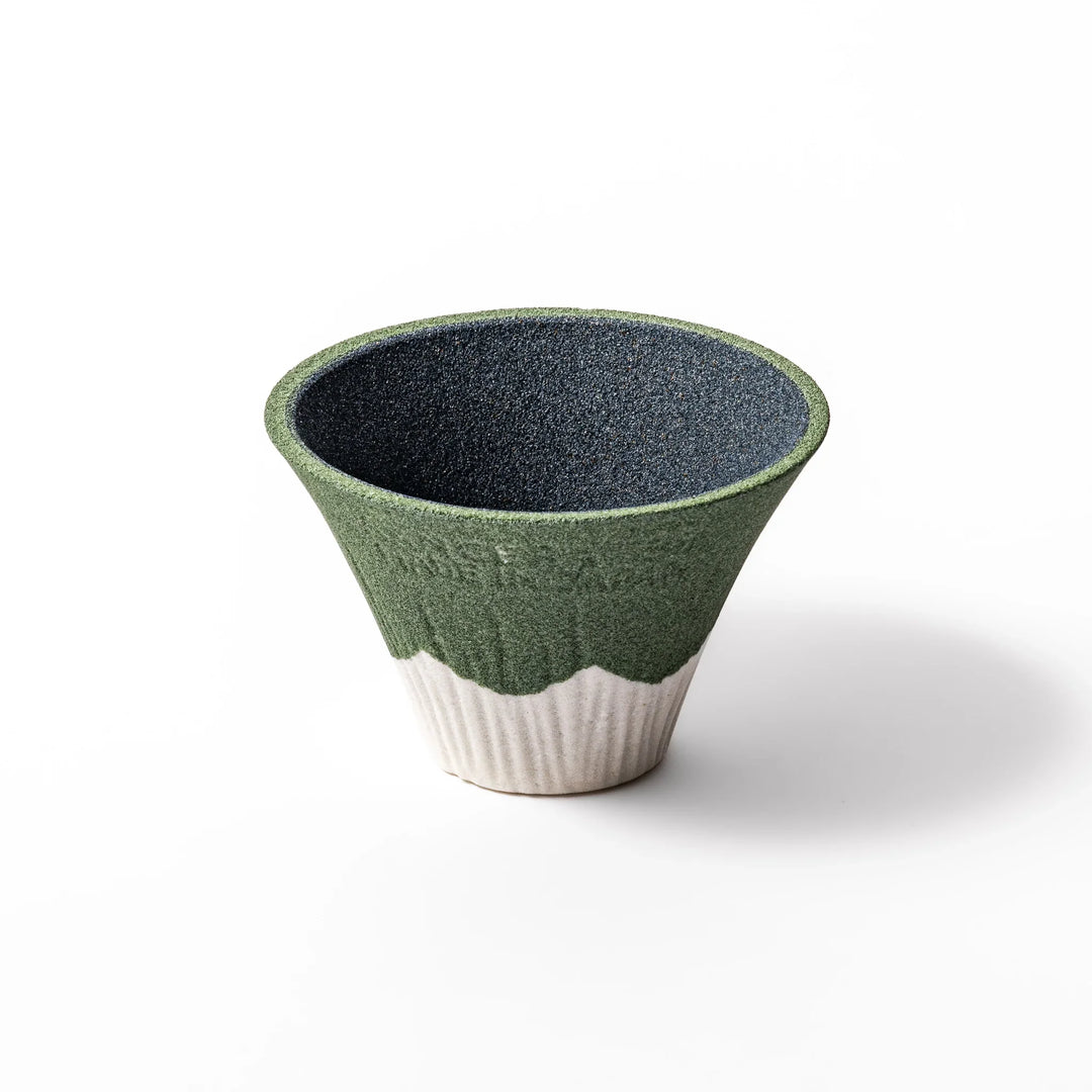 Matcha green Mount Fuji ceramic coffee filter with snowy peak design, handcrafted in Japan for reusable pour-over brewing and stylish kitchen decor.