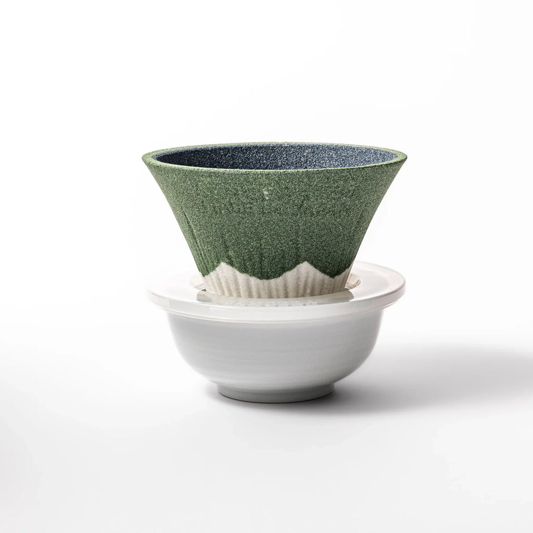 Matcha green Mount Fuji ceramic coffee filter with snowy peak design, handcrafted in Japan for reusable pour-over brewing and stylish kitchen decor.