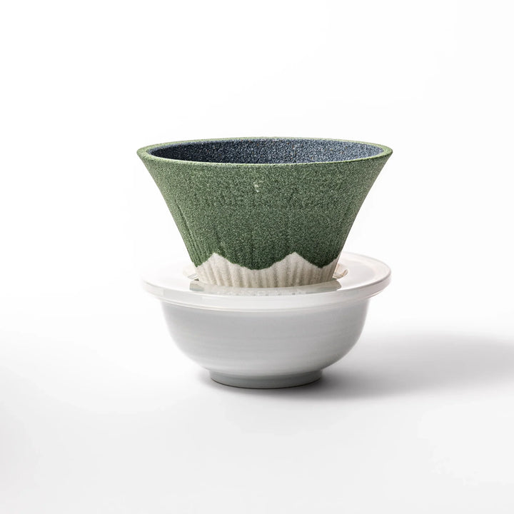 Matcha green Mount Fuji ceramic coffee filter with snowy peak design, handcrafted in Japan for reusable pour-over brewing and stylish kitchen decor.