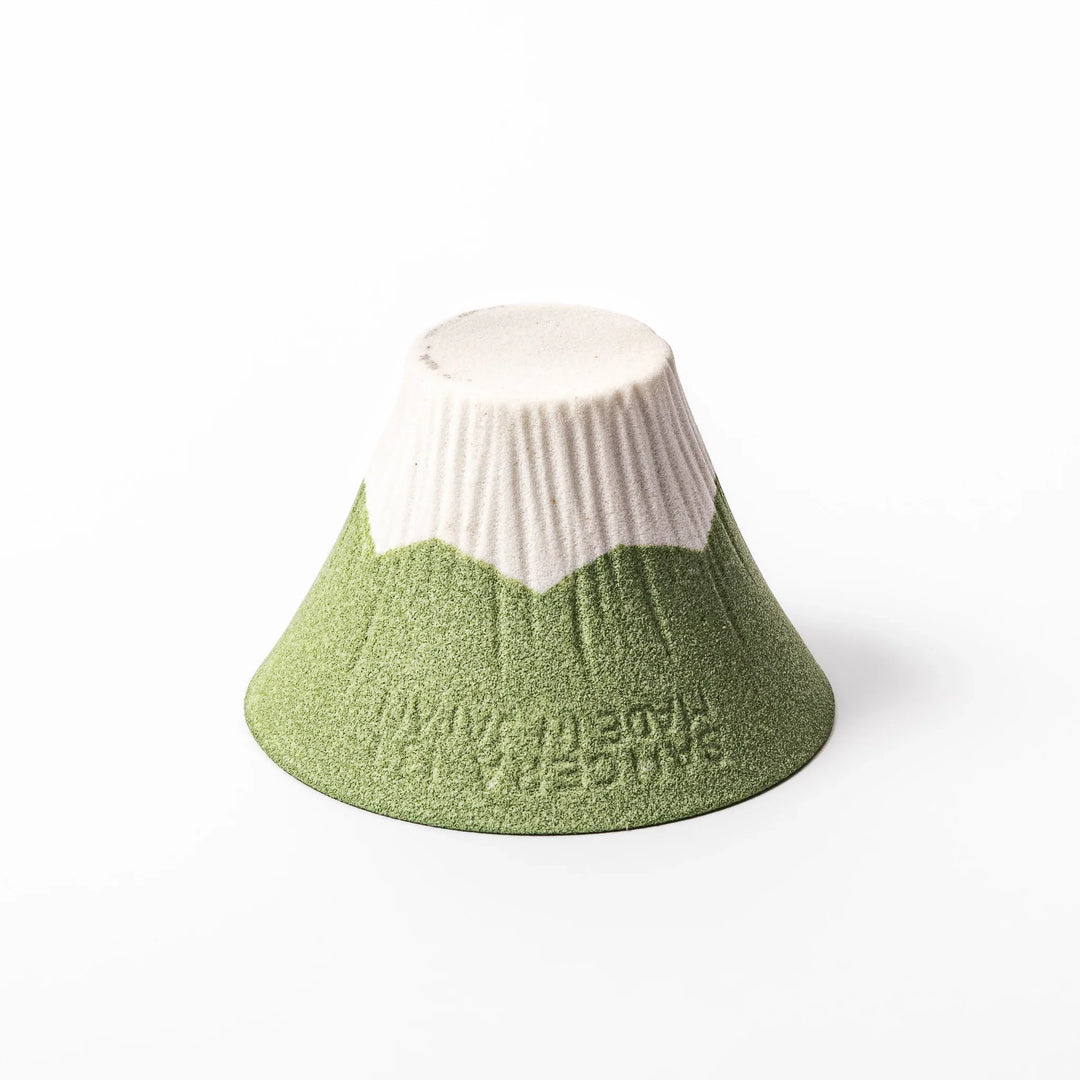 Wasabi green Mount Fuji ceramic coffee filter with snowy peak design, handmade in Japan for reusable pour-over brewing and kitchen decor.