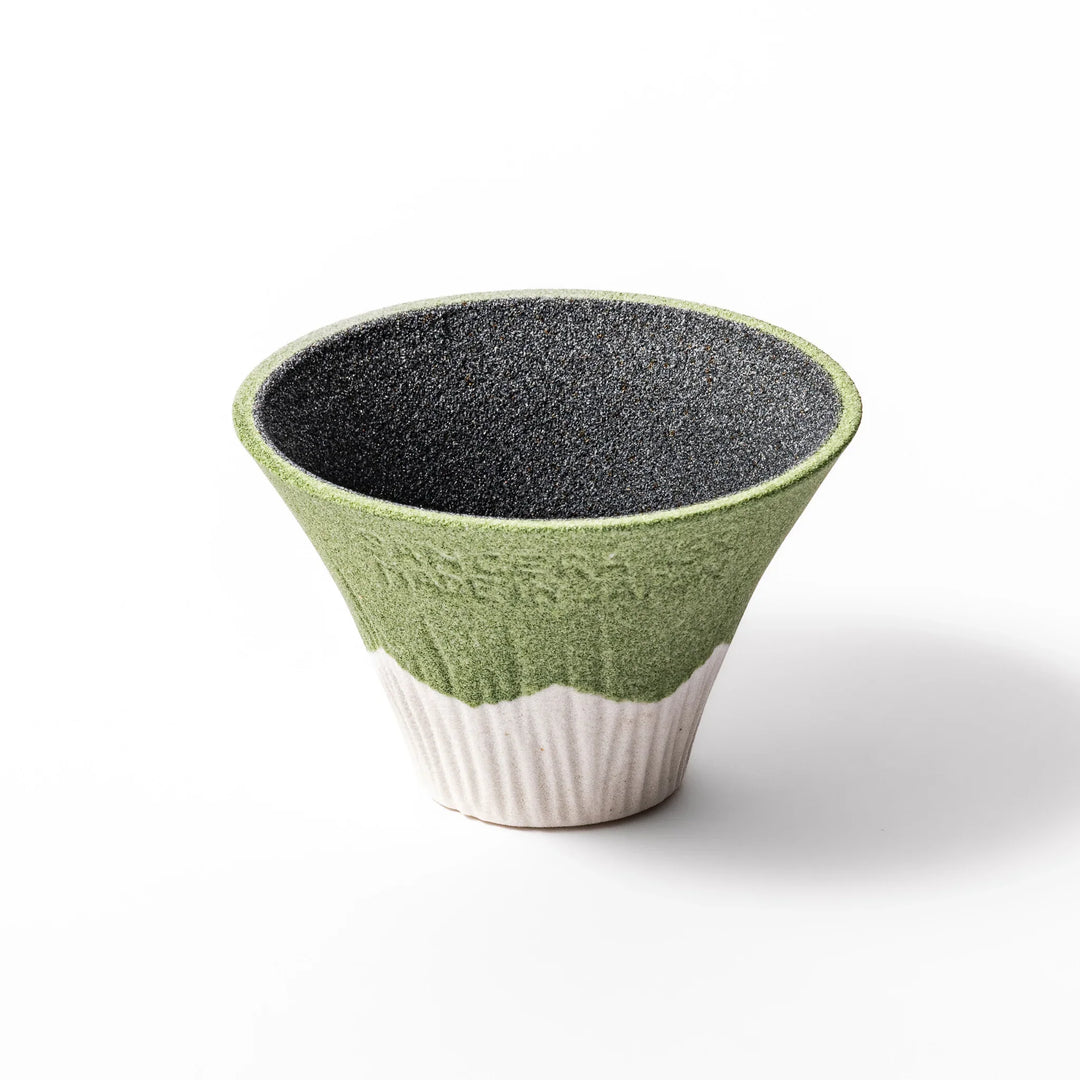 Wasabi green Mount Fuji ceramic coffee filter with snowy peak design, handmade in Japan for reusable pour-over brewing and kitchen decor.