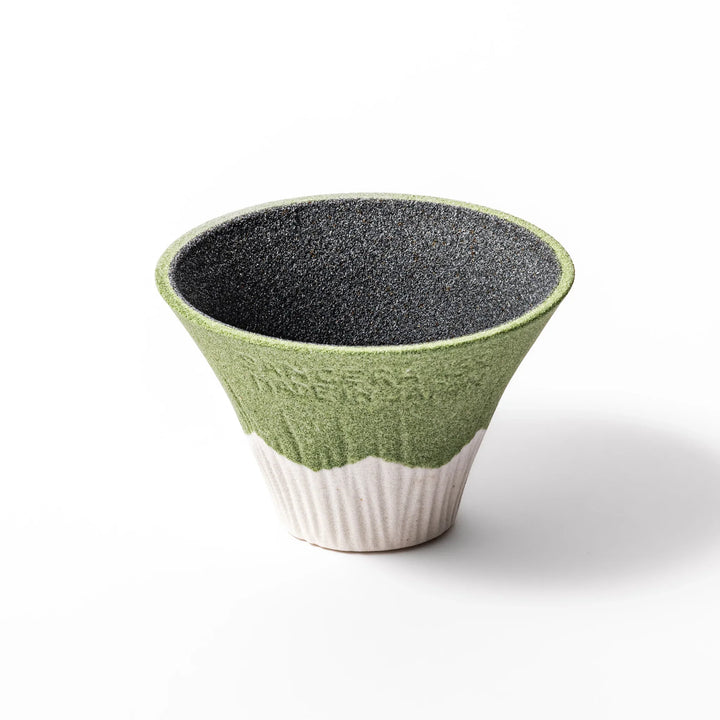 Wasabi green Mount Fuji ceramic coffee filter with snowy peak design, handmade in Japan for reusable pour-over brewing and kitchen decor.