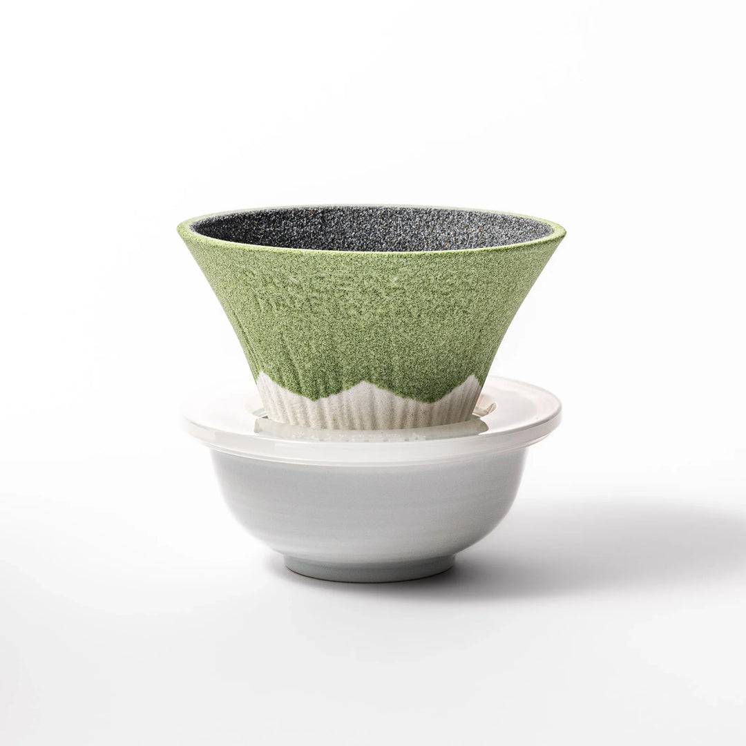 Wasabi green Mount Fuji ceramic coffee filter with snowy peak design, handmade in Japan for reusable pour-over brewing and kitchen decor.