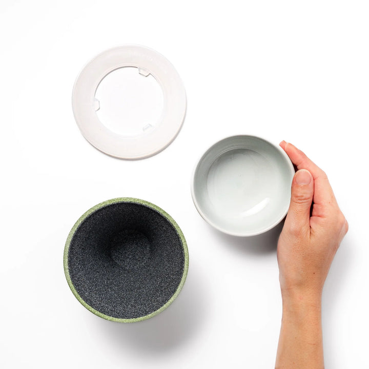 Wasabi green Mount Fuji ceramic coffee filter with snowy peak design, handmade in Japan for reusable pour-over brewing and kitchen decor.