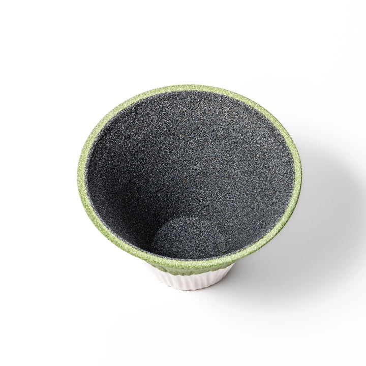 Wasabi green Mount Fuji ceramic coffee filter with snowy peak design, handmade in Japan for reusable pour-over brewing and kitchen decor.