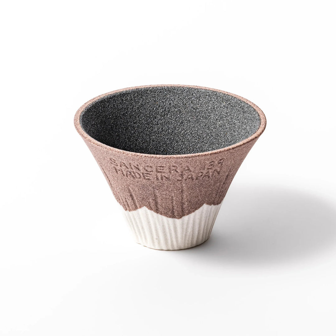 Cocoa Mount Fuji ceramic coffee filter with snowy peak design, handmade in Japan for eco-friendly pour-over brewing and kitchen decor.
