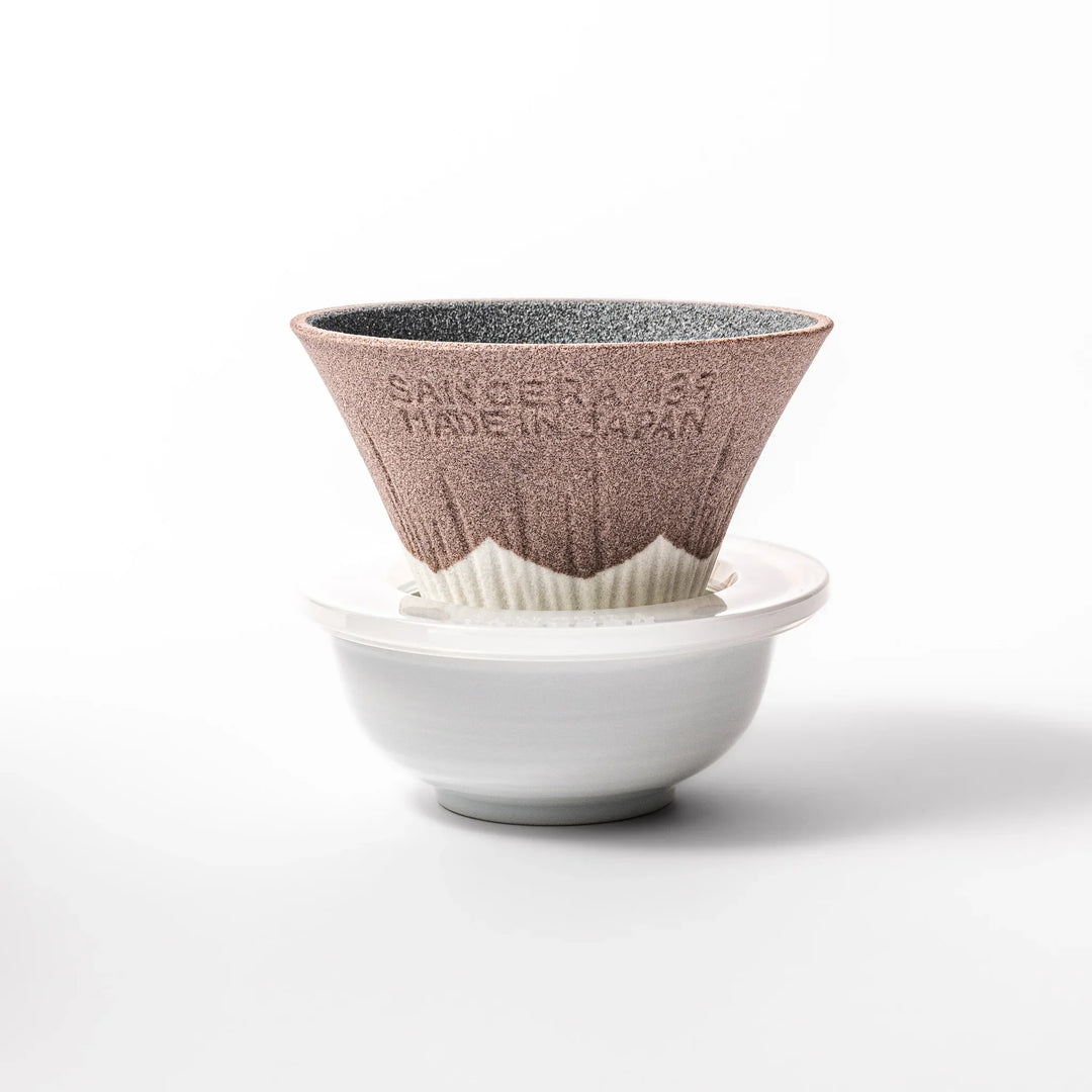 Cocoa Mount Fuji ceramic coffee filter with snowy peak design, handmade in Japan for eco-friendly pour-over brewing and kitchen decor.