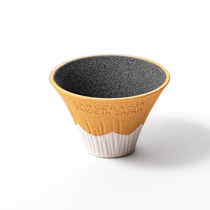 Sunflower yellow Mount Fuji ceramic coffee filter with snowy peak design, handcrafted in Japan for eco-friendly pour-over brewing and decor.