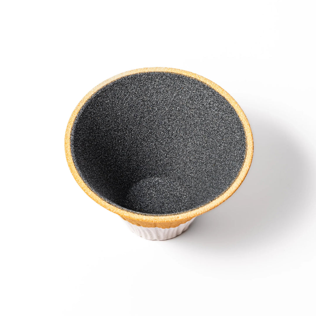 Sunflower yellow Mount Fuji ceramic coffee filter with snowy peak design, handcrafted in Japan for eco-friendly pour-over brewing and decor.