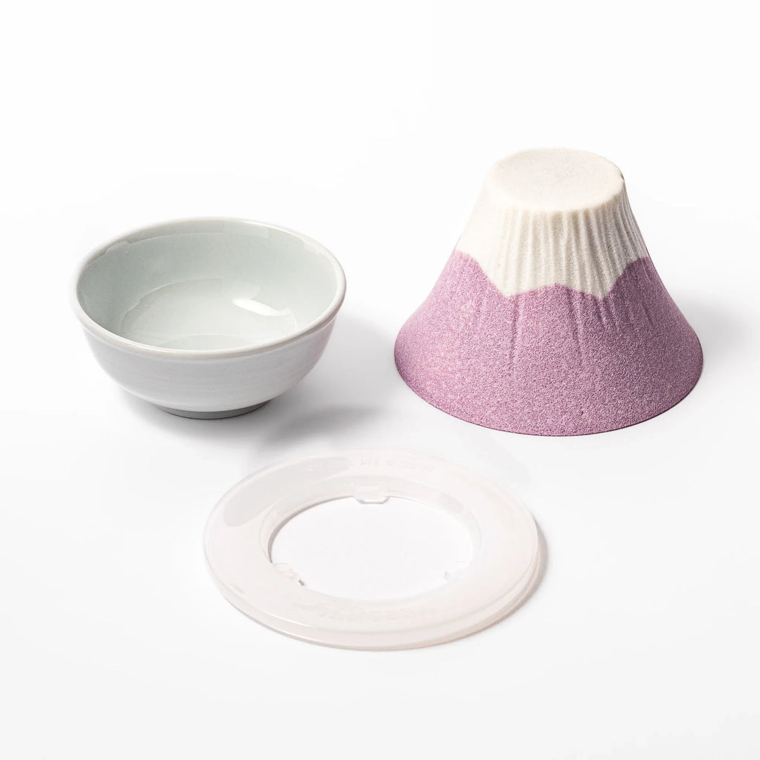 Lavender Mount Fuji ceramic coffee filter with snowy peak design, handcrafted in Japan for eco-friendly pour-over brewing and unique decor.