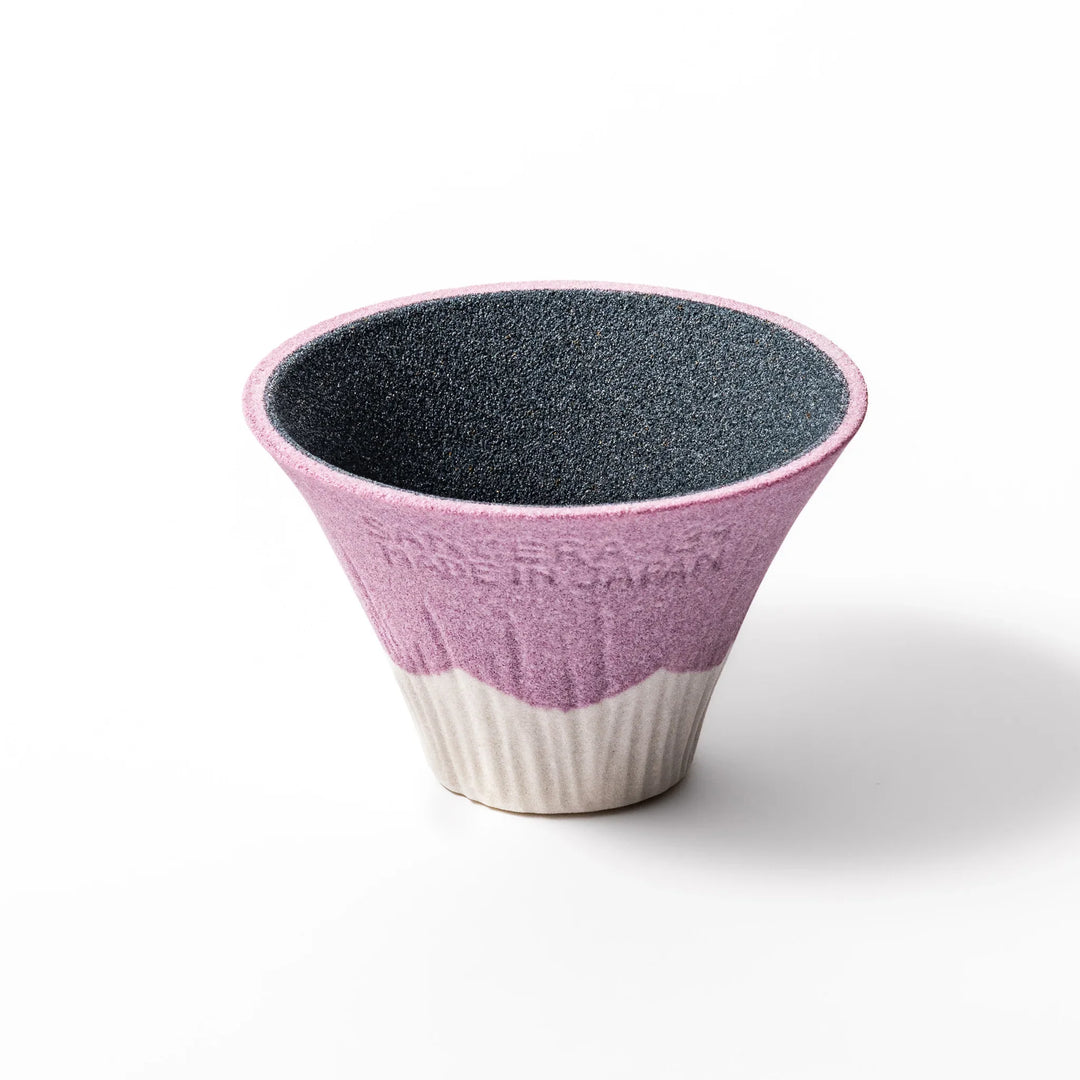 Lavender Mount Fuji ceramic coffee filter with snowy peak design, handcrafted in Japan for eco-friendly pour-over brewing and unique decor.