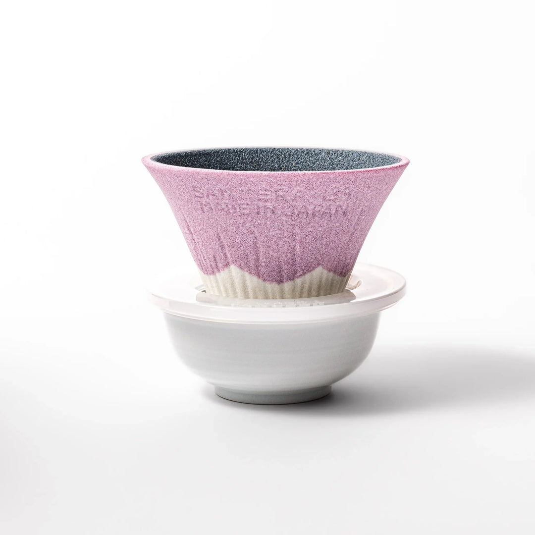 Lavender Mount Fuji ceramic coffee filter with snowy peak design, handcrafted in Japan for eco-friendly pour-over brewing and unique decor.