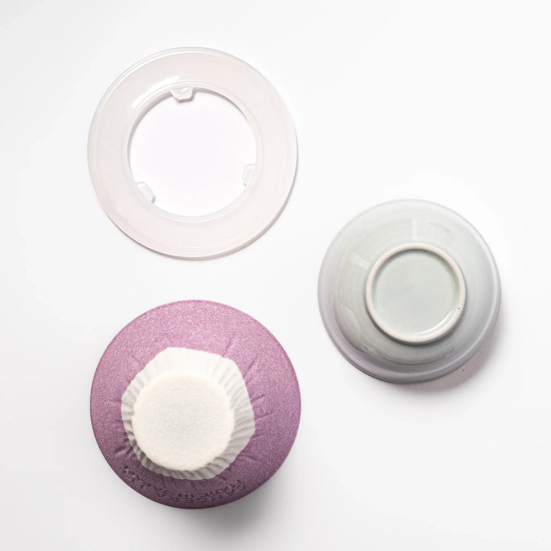 Lavender Mount Fuji ceramic coffee filter with snowy peak design, handcrafted in Japan for eco-friendly pour-over brewing and unique decor.