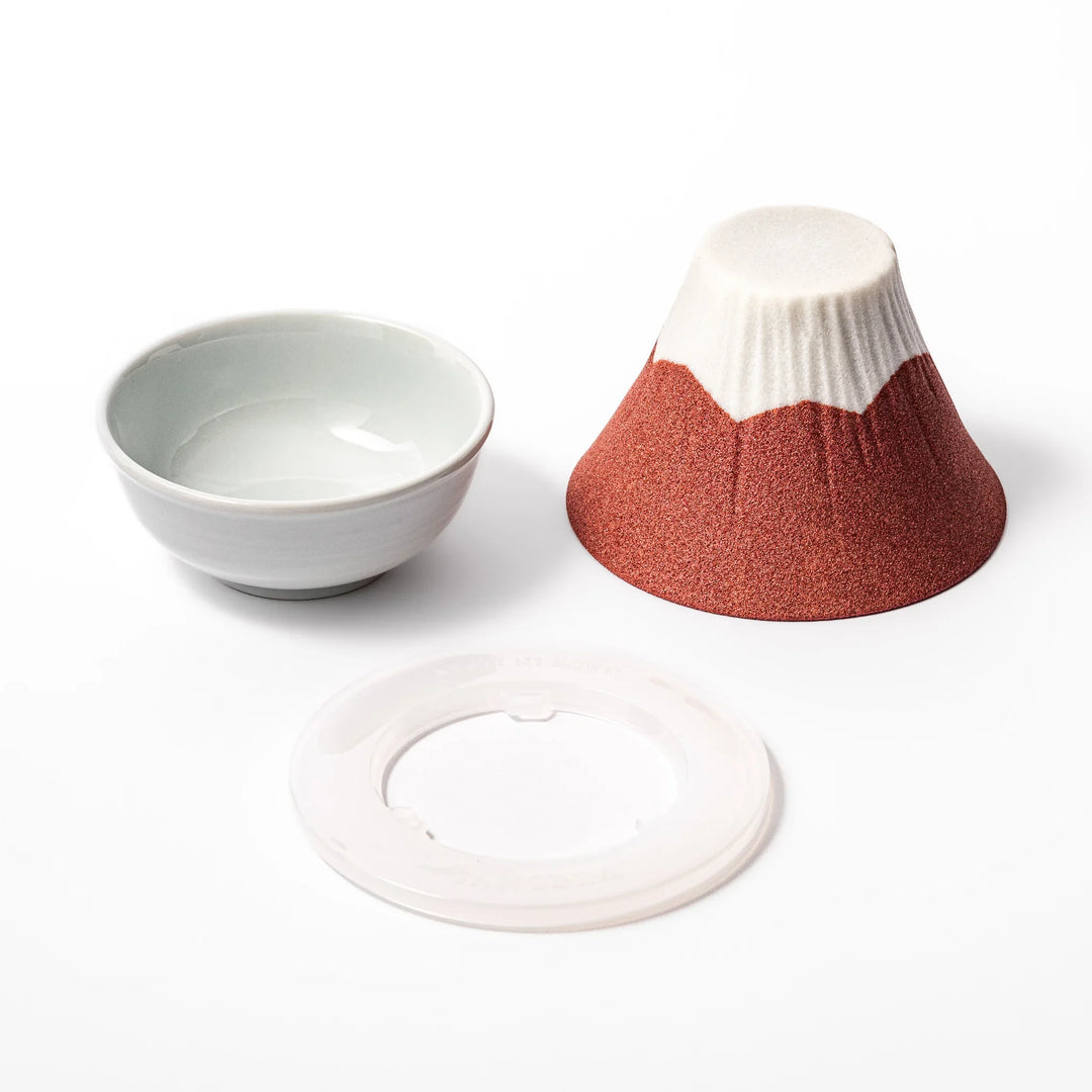 Mount Fuji ceramic coffee filter in red and white design, handcrafted in Japan for sustainable brewing and unique Japanese kitchen decor.
