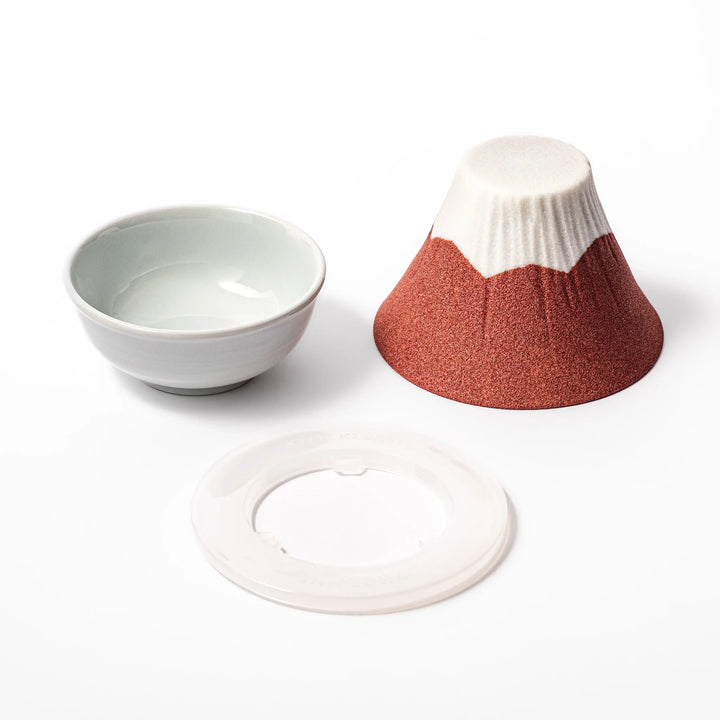 Mount Fuji ceramic coffee filter in red and white design, handcrafted in Japan for sustainable brewing and unique Japanese kitchen decor.