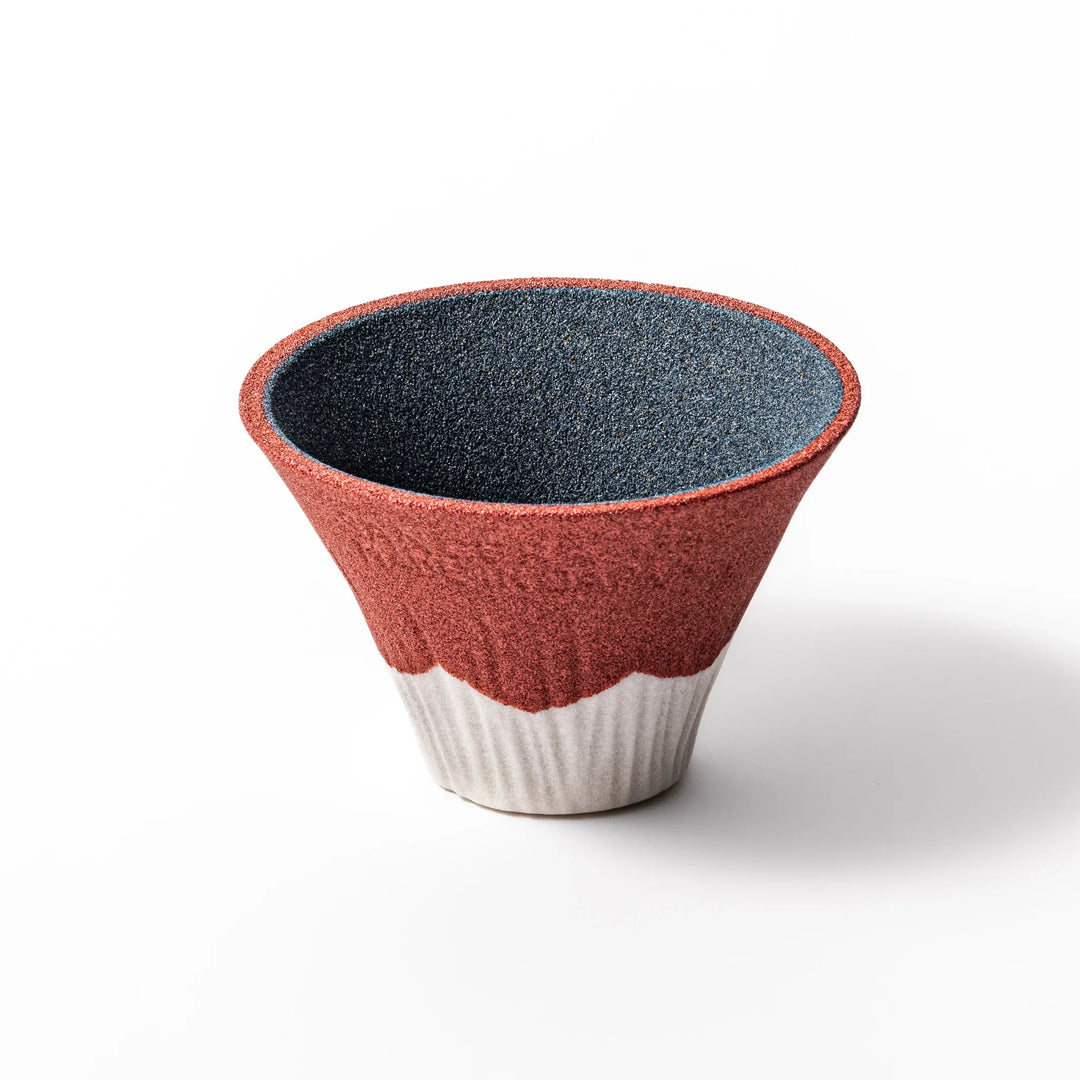 Mount Fuji ceramic coffee filter in red and white design, handcrafted in Japan for sustainable brewing and unique Japanese kitchen decor.