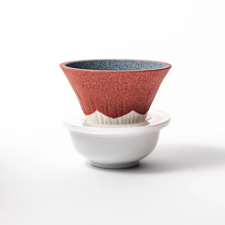 Mount Fuji ceramic coffee filter in red and white design, handcrafted in Japan for sustainable brewing and unique Japanese kitchen decor.