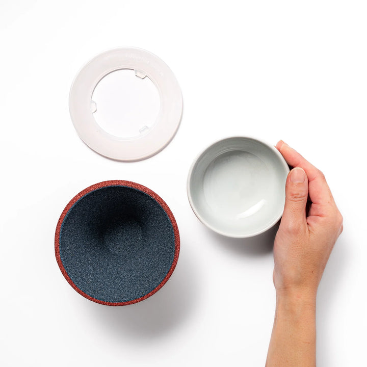 Mount Fuji ceramic coffee filter in red and white design, handcrafted in Japan for sustainable brewing and unique Japanese kitchen decor.