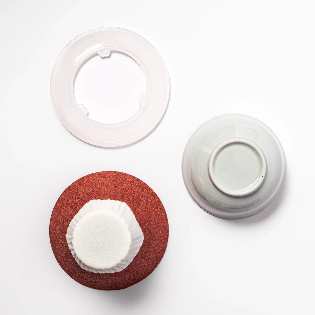 Mount Fuji ceramic coffee filter in red and white design, handcrafted in Japan for sustainable brewing and unique Japanese kitchen decor.