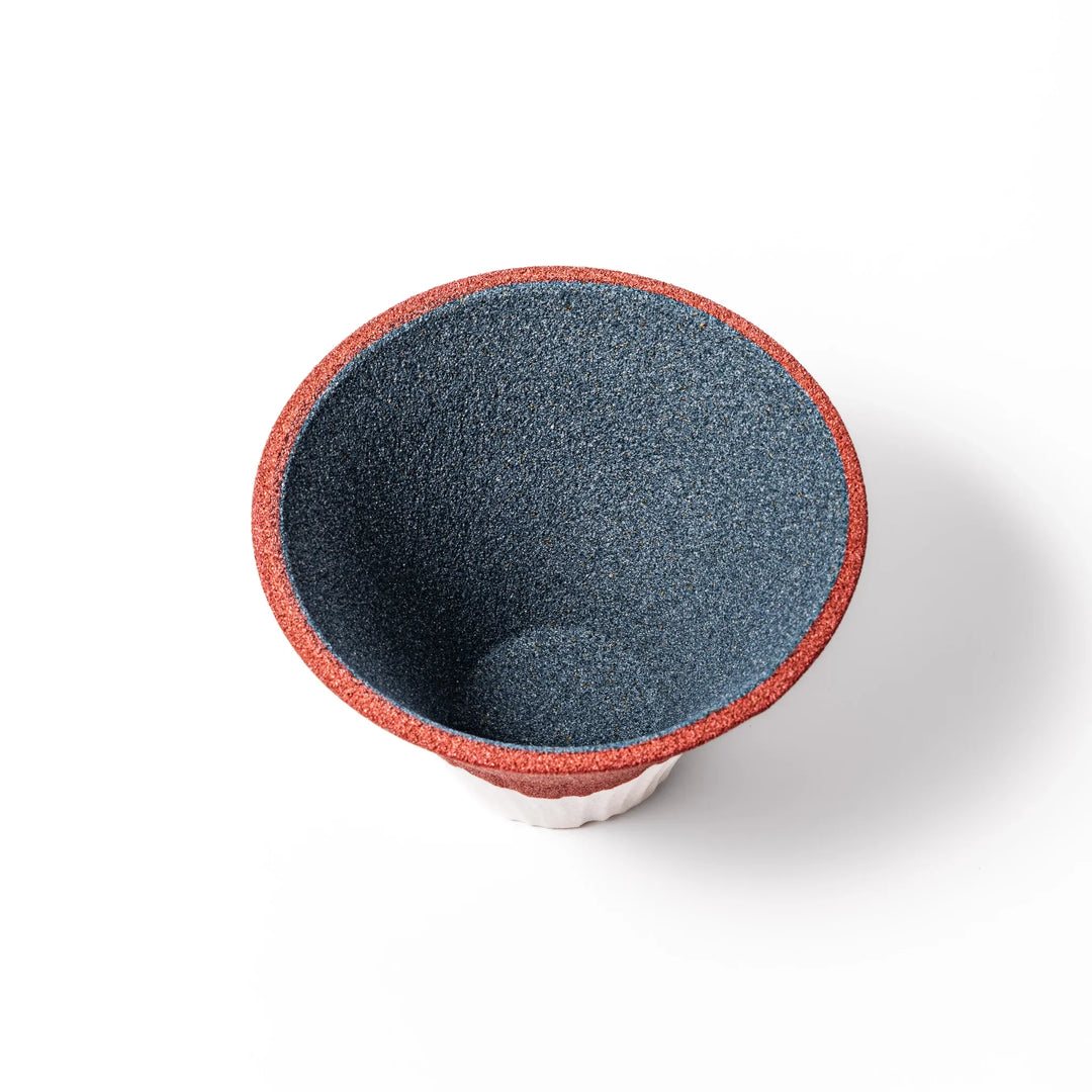 Mount Fuji ceramic coffee filter in red and white design, handcrafted in Japan for sustainable brewing and unique Japanese kitchen decor.