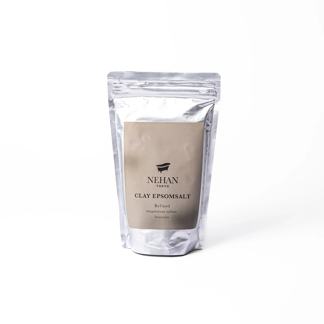 NEHAN TOKYO clay Epsom salt bath soak with refined magnesium sulfate and bentonite clay in a silver pouch for detox bath