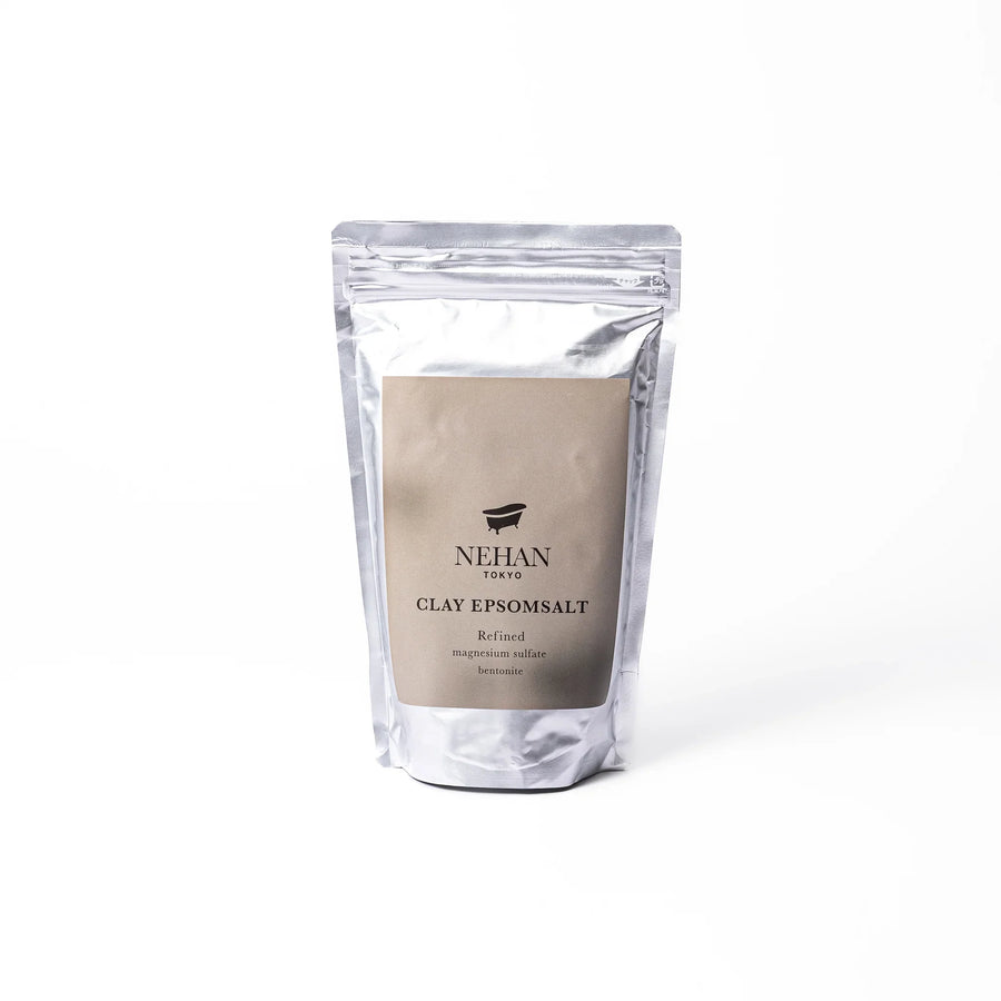NEHAN TOKYO clay Epsom salt bath soak with refined magnesium sulfate and bentonite clay in a silver pouch for detox bath