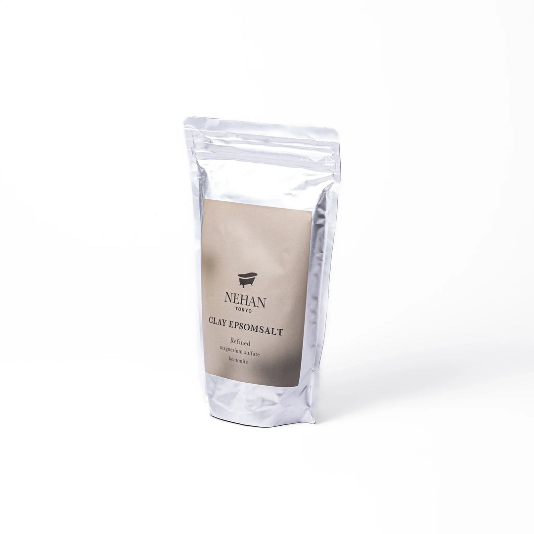 NEHAN TOKYO clay Epsom salt bath soak with refined magnesium sulfate and bentonite clay in a silver pouch for detox bath