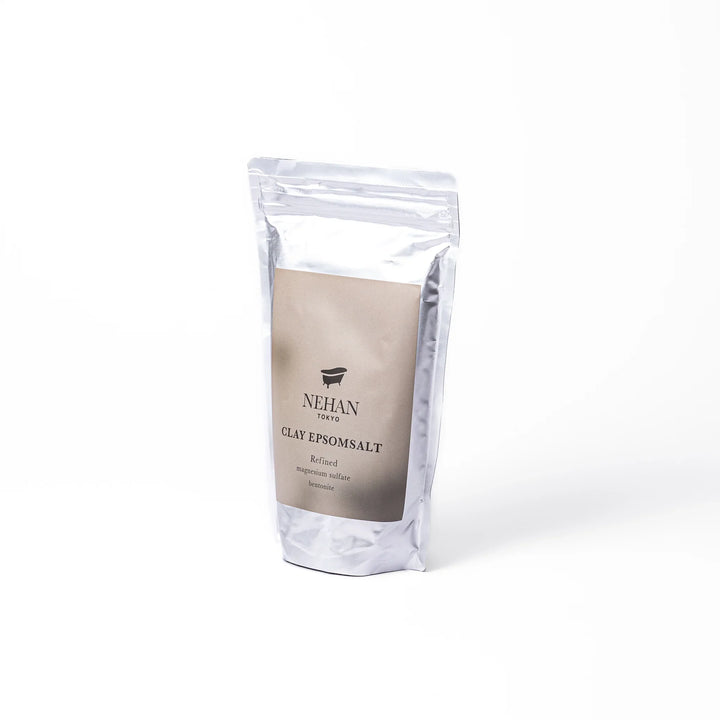 NEHAN TOKYO clay Epsom salt bath soak with refined magnesium sulfate and bentonite clay in a silver pouch for detox bath