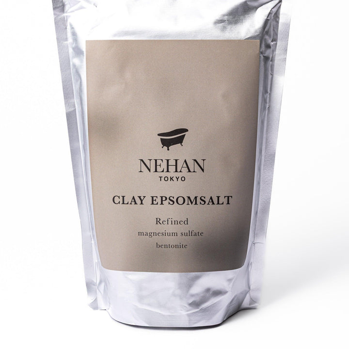 NEHAN TOKYO clay Epsom salt bath soak with refined magnesium sulfate and bentonite clay in a silver pouch for detox bath