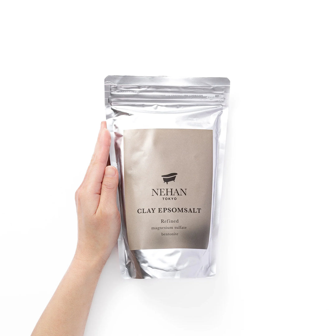 NEHAN TOKYO clay Epsom salt bath soak with refined magnesium sulfate and bentonite clay in a silver pouch for detox bath