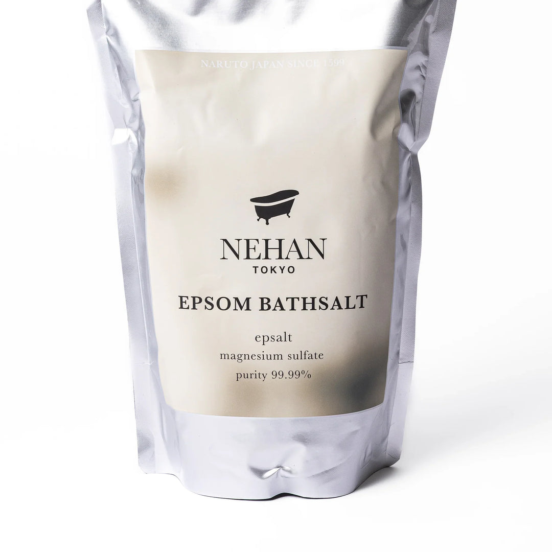 High purity NEHAN TOKYO unscented Epsom salt bath soak in a silver standing pouch for a relaxing magnesium sulfate bath