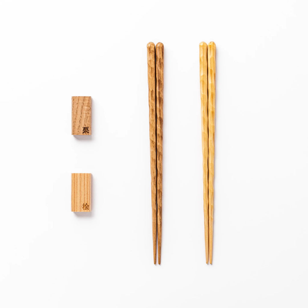 Natural Japanese wood chopsticks gift set with carved texture, handcrafted design in wooden box, made in Japan.