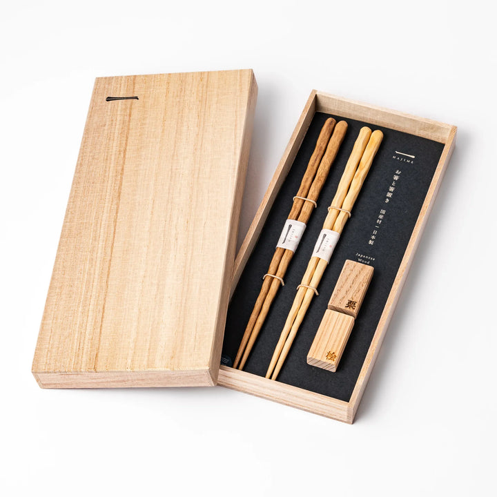 Natural Japanese wood chopsticks gift set with carved texture, handcrafted design in wooden box, made in Japan.
