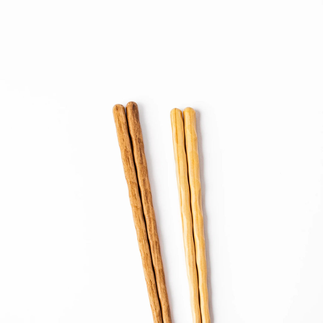 Natural Japanese wood chopsticks gift set with carved texture, handcrafted design in wooden box, made in Japan.