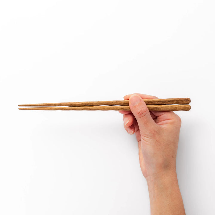 Natural Japanese wood chopsticks gift set with carved texture, handcrafted design in wooden box, made in Japan.